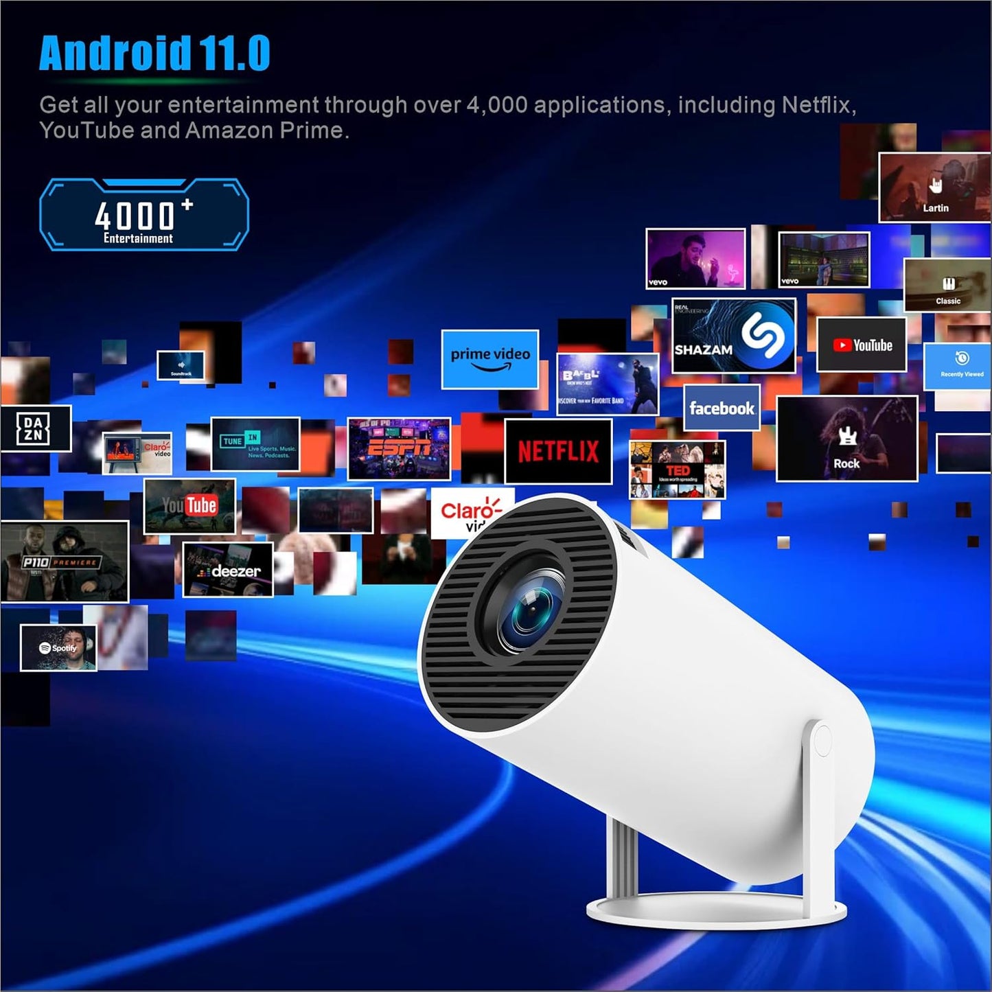 Mini Vidéoprojecteur WiFi Bluetooth, 20000 Lumens Projecteur WiFi Portable Full HD Supporte 1080P Rétroprojecteur Avec Support Réglable 270° Home Cinéma Pour Phones/PS5/Xbox